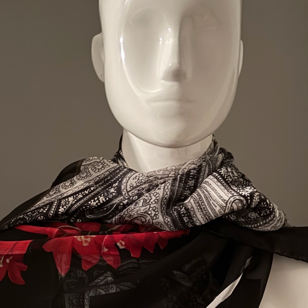 Vintage Valentino Stratos Silk Scarf Black and White Paisley Scarf